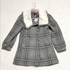 CHERRYKOKO Women’s Blue and Grey Plaid Double Breasted Coat Faux Fur Collar S